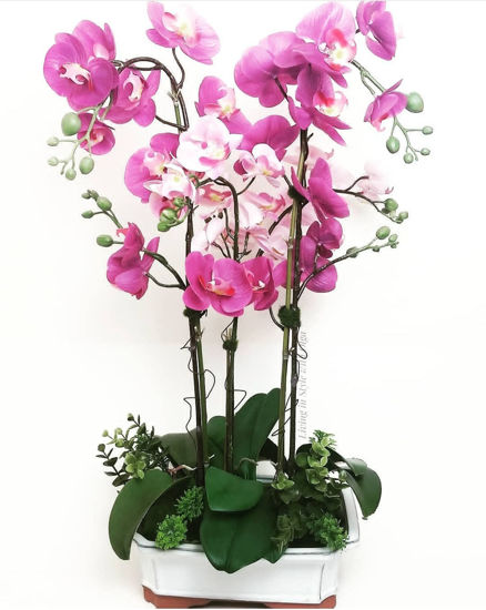 Picture of Pink faux orchid arrangement in white pot